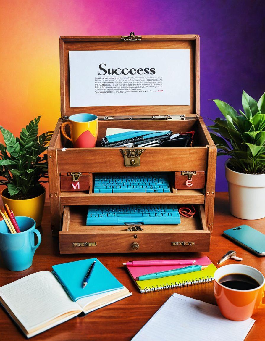 An open treasure chest overflowing with glowing, colorful words like 'success', 'growth', and 'online presence'. Surrounding the chest are various blogging tools such as a laptop, a notebook, and a coffee cup. The background features an upward arrow symbolizing progress and a bright sunrise symbolizing new beginnings. The overall feel should be inspiring and motivational. vibrant colors. illustration.