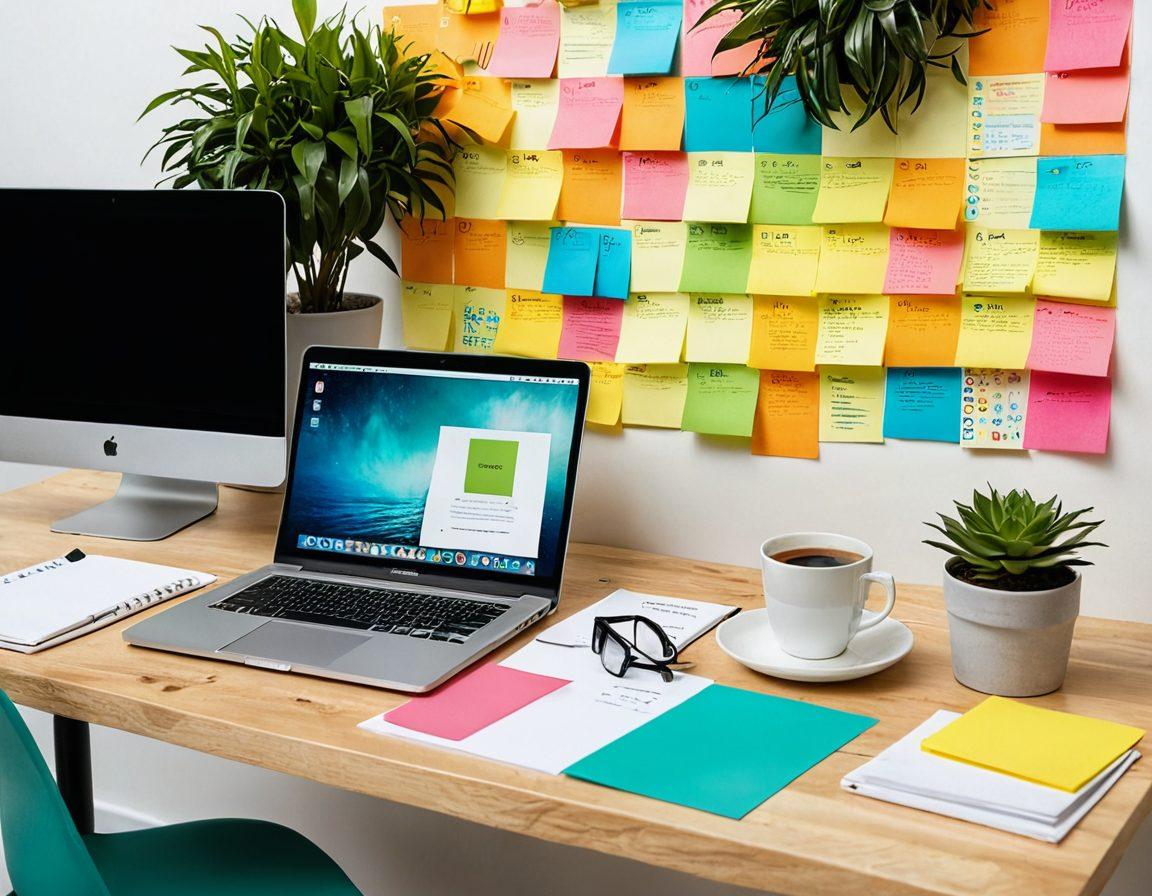 A dynamic and engaging workspace scene featuring a laptop displaying an analytics dashboard, colorful sticky notes with tips scattered around, a coffee cup steaming beside it, and a vibrant plant symbolizing growth, all set against a bright and inspiring backdrop. super-realistic. vibrant colors. clean white background.