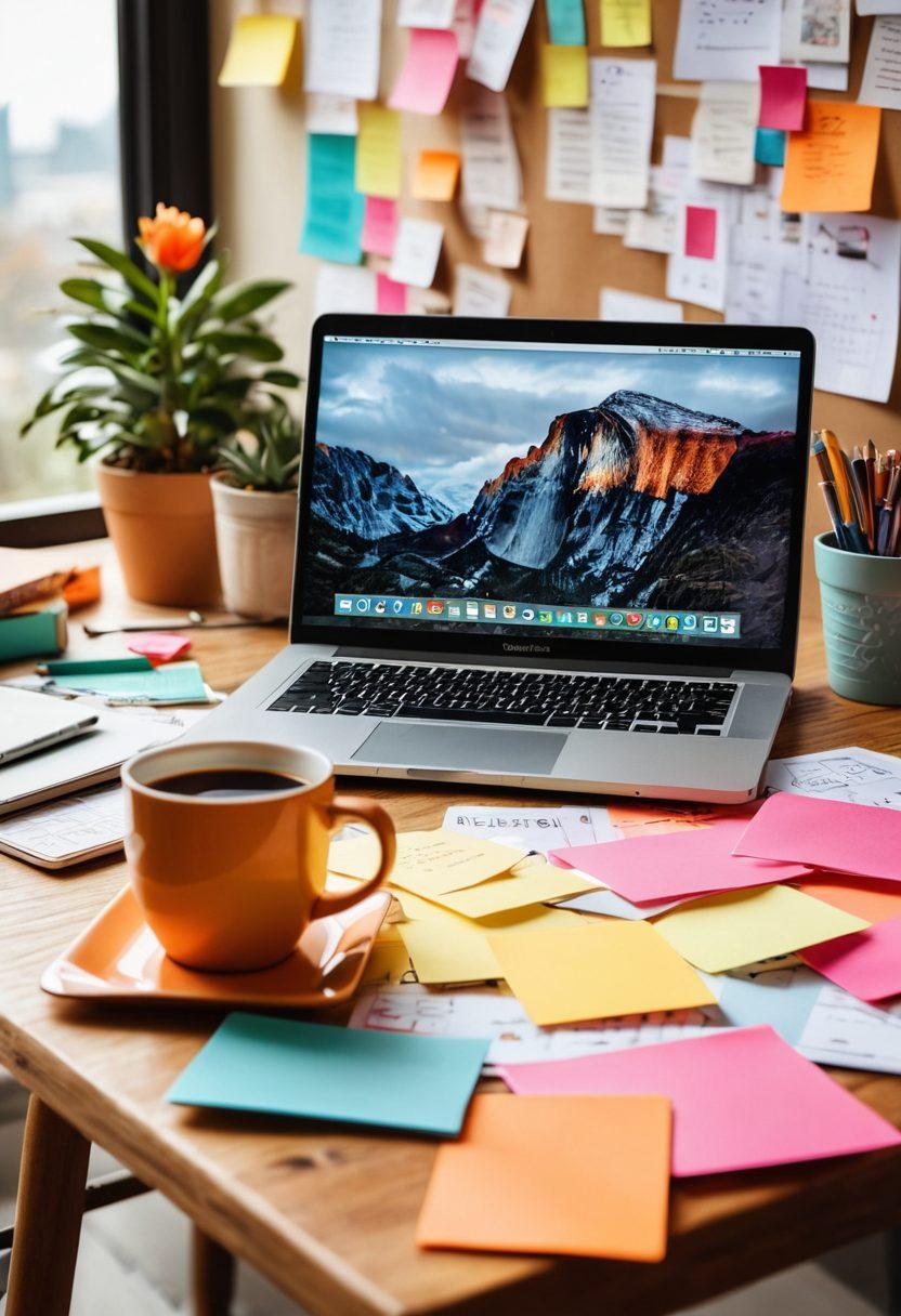 A dynamic workspace featuring a laptop with a blog open on the screen, surrounded by colorful notes and a steaming coffee cup. In the background, a vision board filled with SEO tips and creative ideas. The overall atmosphere is vibrant and inspiring, illustrating the journey of turning passion into profit through blogging. super-realistic. vibrant colors. soft focus.